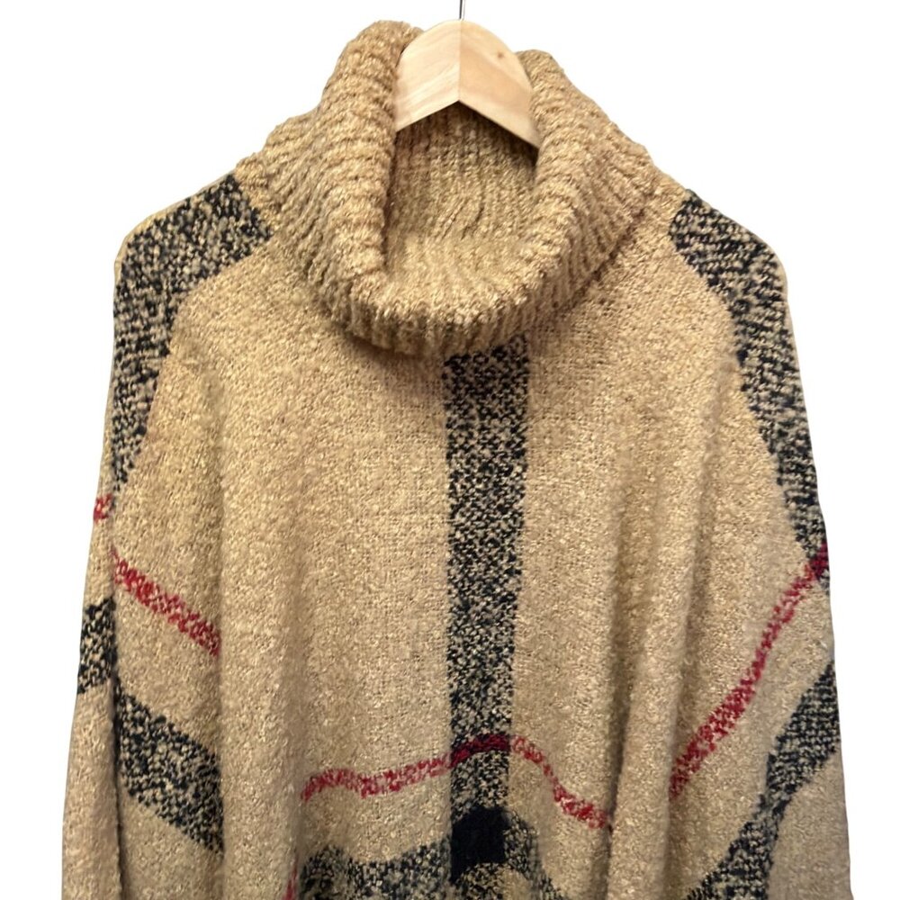 Plaid Knit Poncho With Cowl Neck Beige/Red/Black OS Old Money - Picture 2 of 6